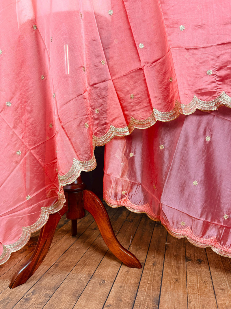 Coral Peach Color Soft Organza Dupatta with Embroidery, Sequin and Zari on Borders with small buttis - Kaash