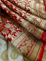 Cream and Red Half and Half Traditional Banarasi Satin Silk Saree - Kaash