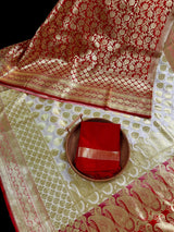 Cream and Red Half and Half Traditional Banarasi Satin Silk Saree - Kaash