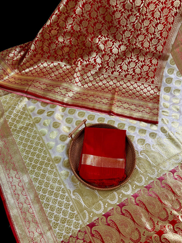 Cream and Red Half and Half Traditional Banarasi Satin Silk Saree - Kaash