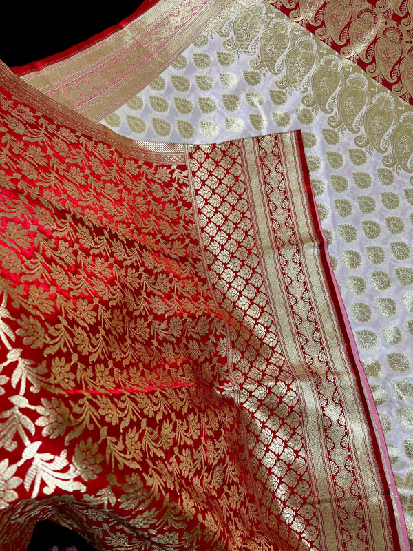 Cream and Red Half and Half Traditional Banarasi Satin Silk Saree - Kaash