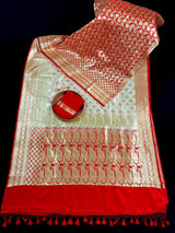 Cream and Red Half and Half Traditional Banarasi Satin Silk Saree - Kaash