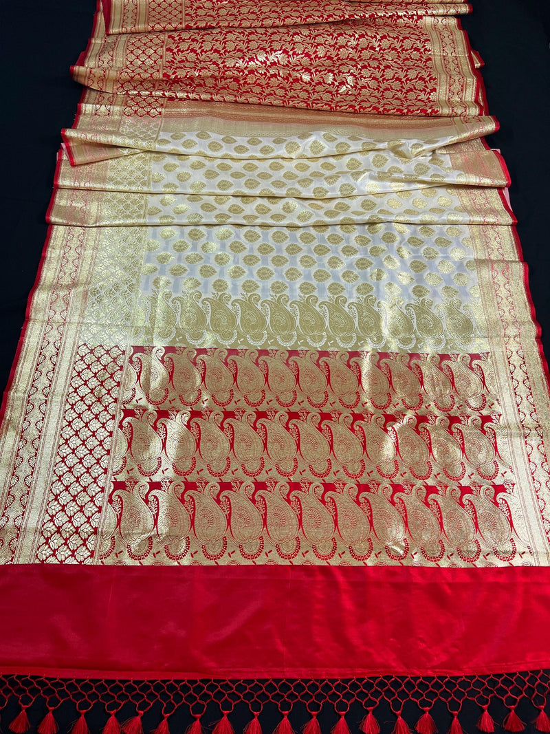 Cream and Red Half and Half Traditional Banarasi Satin Silk Saree - Kaash