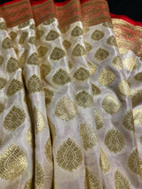 Cream and Red Half and Half Traditional Banarasi Satin Silk Saree - Kaash