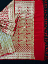 Cream and Red Half and Half Traditional Banarasi Satin Silk Saree - Kaash