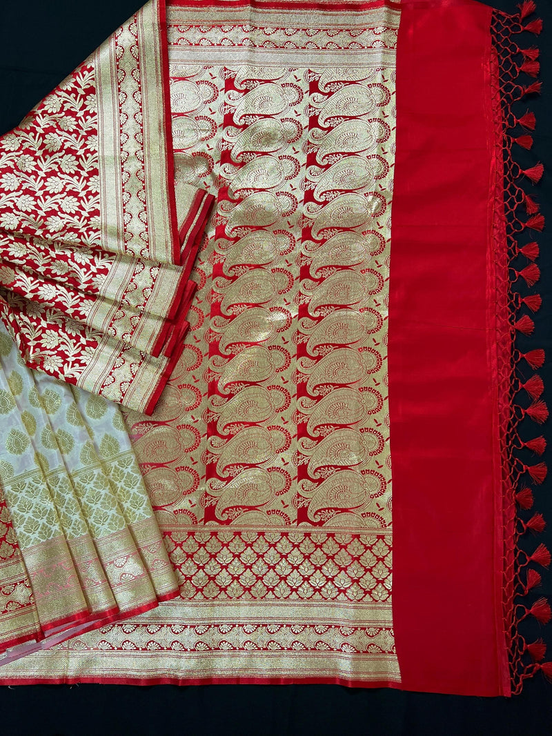 Cream and Red Half and Half Traditional Banarasi Satin Silk Saree - Kaash