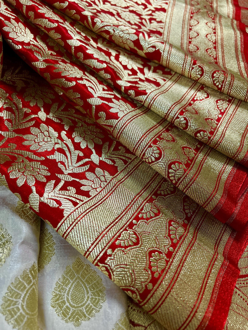 Cream and Red Half and Half Traditional Banarasi Satin Silk Saree | Banarasi Silk Sarees - Kaash