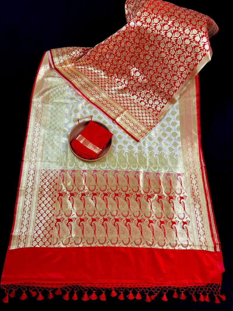 Cream and Red Half and Half Traditional Banarasi Satin Silk Saree | Banarasi Silk Sarees - Kaash