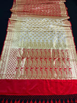 Cream and Red Half and Half Traditional Banarasi Satin Silk Saree | Banarasi Silk Sarees - Kaash