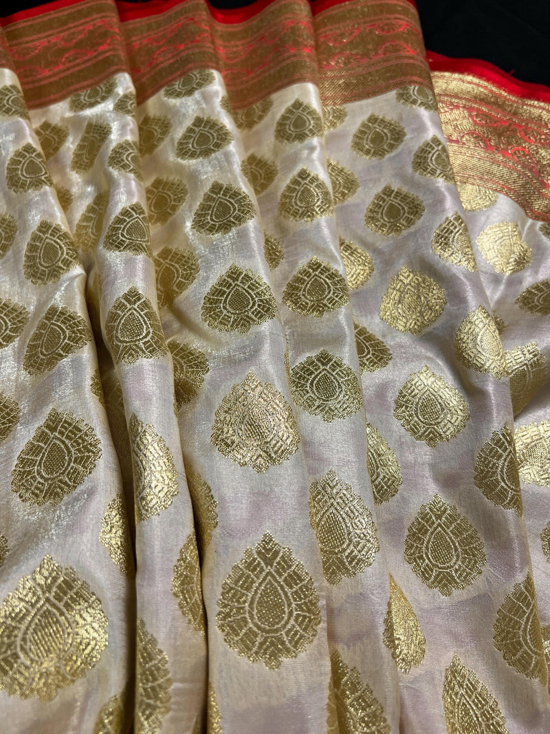 Cream and Red Half and Half Traditional Banarasi Satin Silk Saree | Banarasi Silk Sarees - Kaash