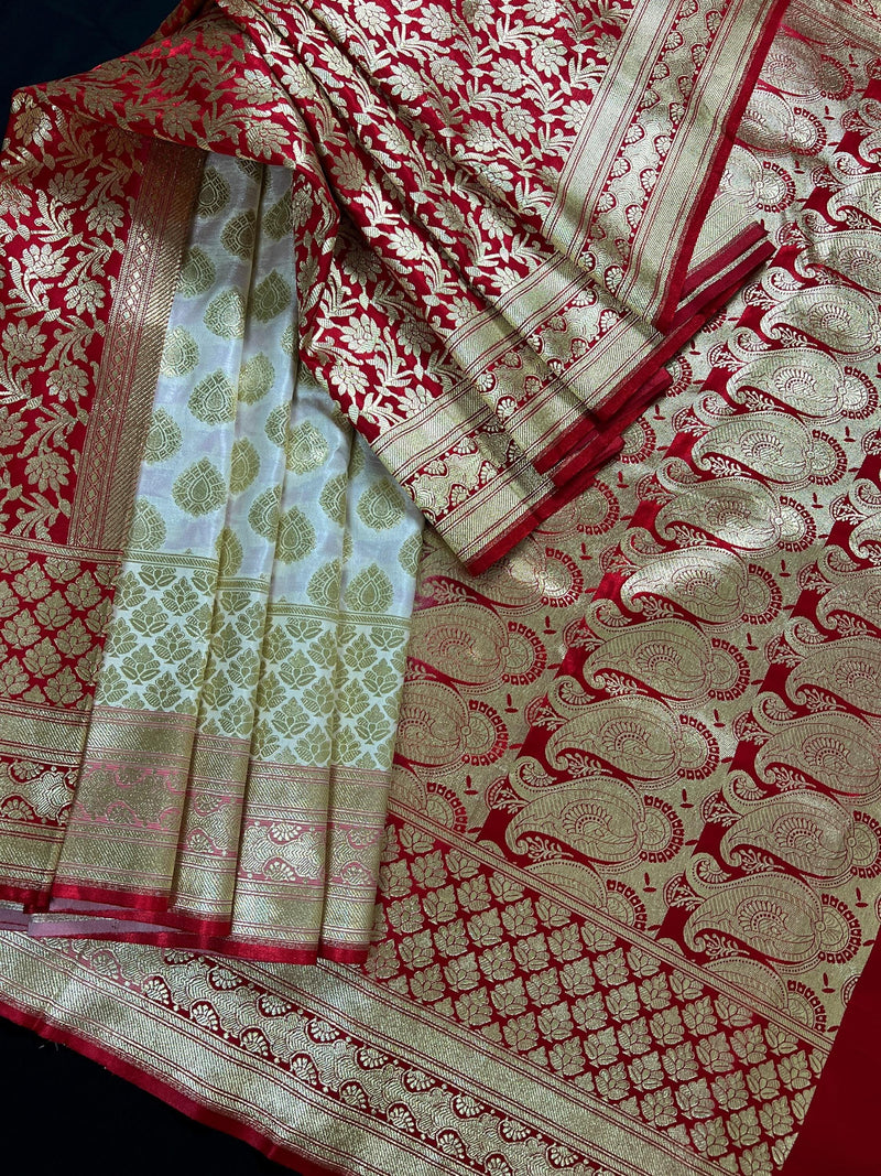 Cream and Red Half and Half Traditional Banarasi Satin Silk Saree | Banarasi Silk Sarees - Kaash