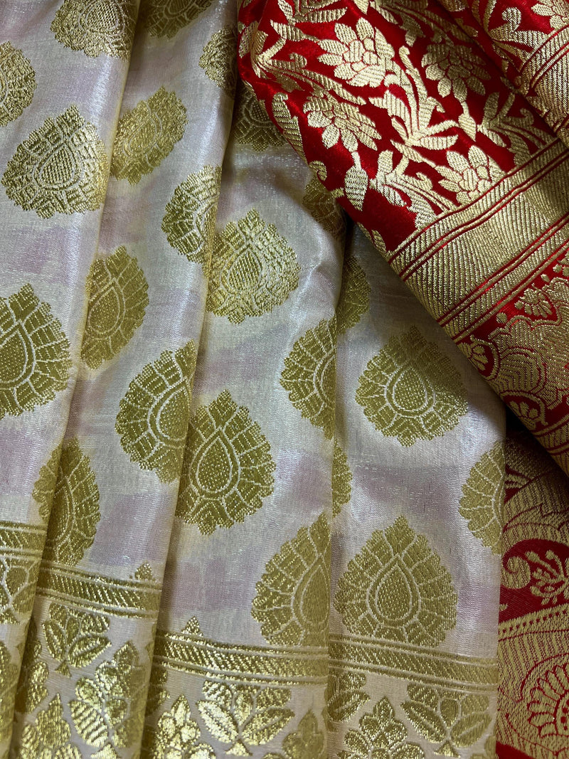 Cream and Red Half and Half Traditional Banarasi Satin Silk Saree | Banarasi Silk Sarees - Kaash