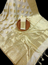 Cream Color Banarasi Saree - Soft Handloom Banarasi Silk Saree - Muted Gold Zari Weave - Kaash