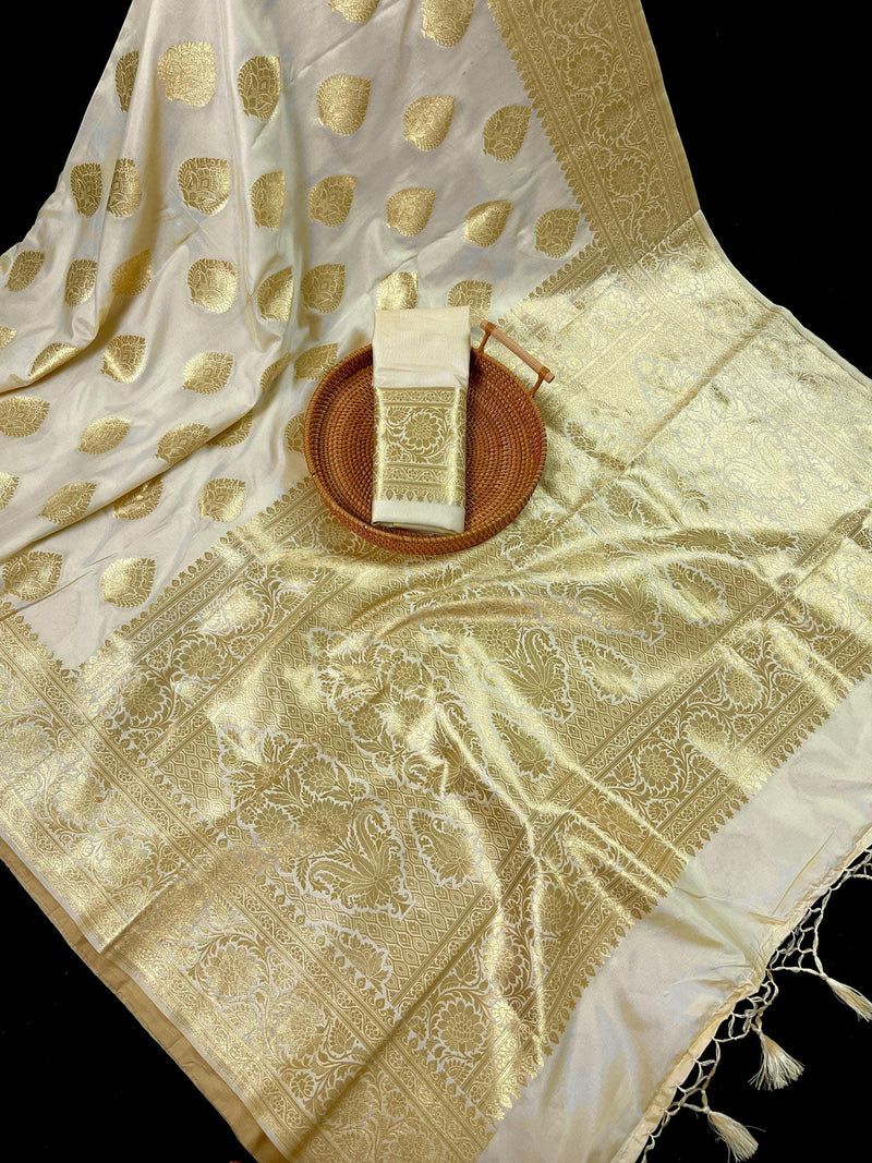 Cream Color Banarasi Saree - Soft Handloom Banarasi Silk Saree - Muted Gold Zari Weave - Kaash