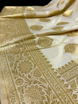 Cream Color Banarasi Saree - Soft Handloom Banarasi Silk Saree - Muted Gold Zari Weave - Kaash