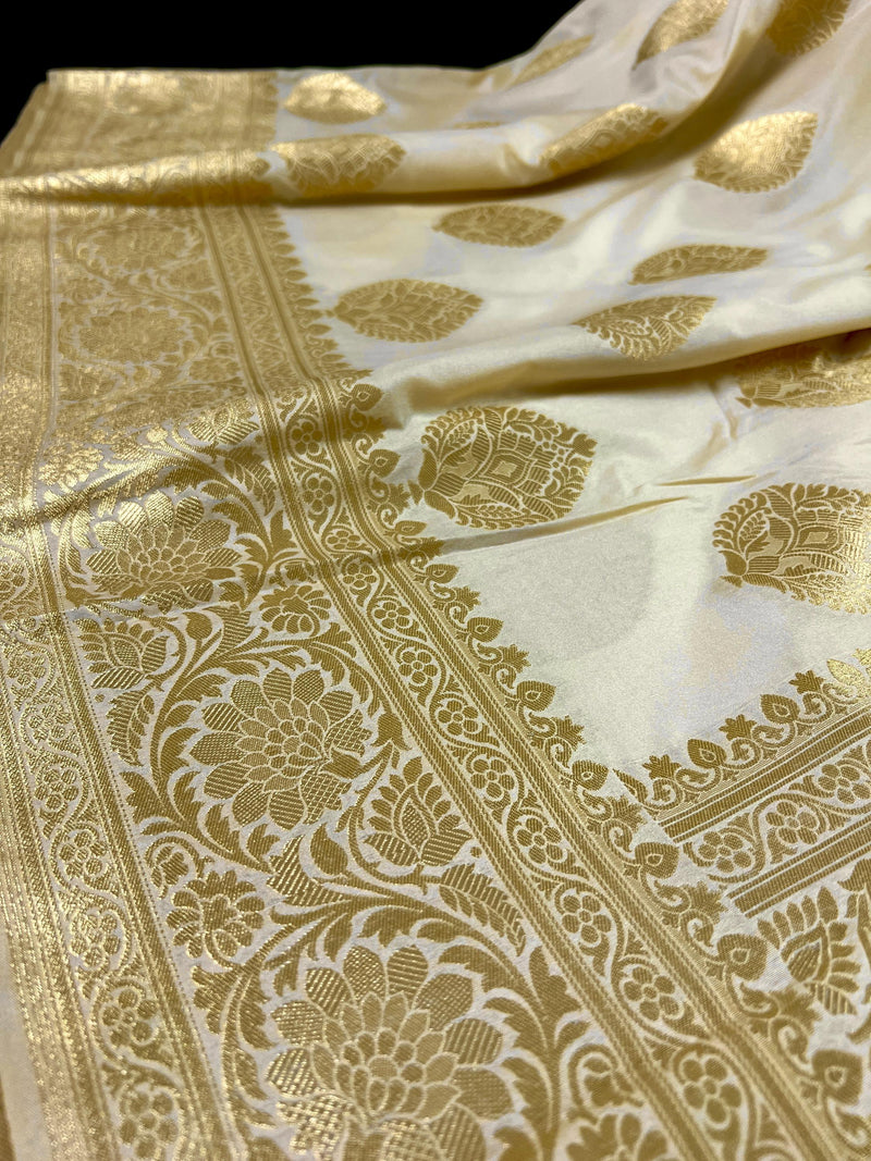 Cream Color Banarasi Saree - Soft Handloom Banarasi Silk Saree - Muted Gold Zari Weave - Kaash
