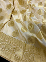 Cream Color Banarasi Saree - Soft Handloom Banarasi Silk Saree - Muted Gold Zari Weave - Kaash