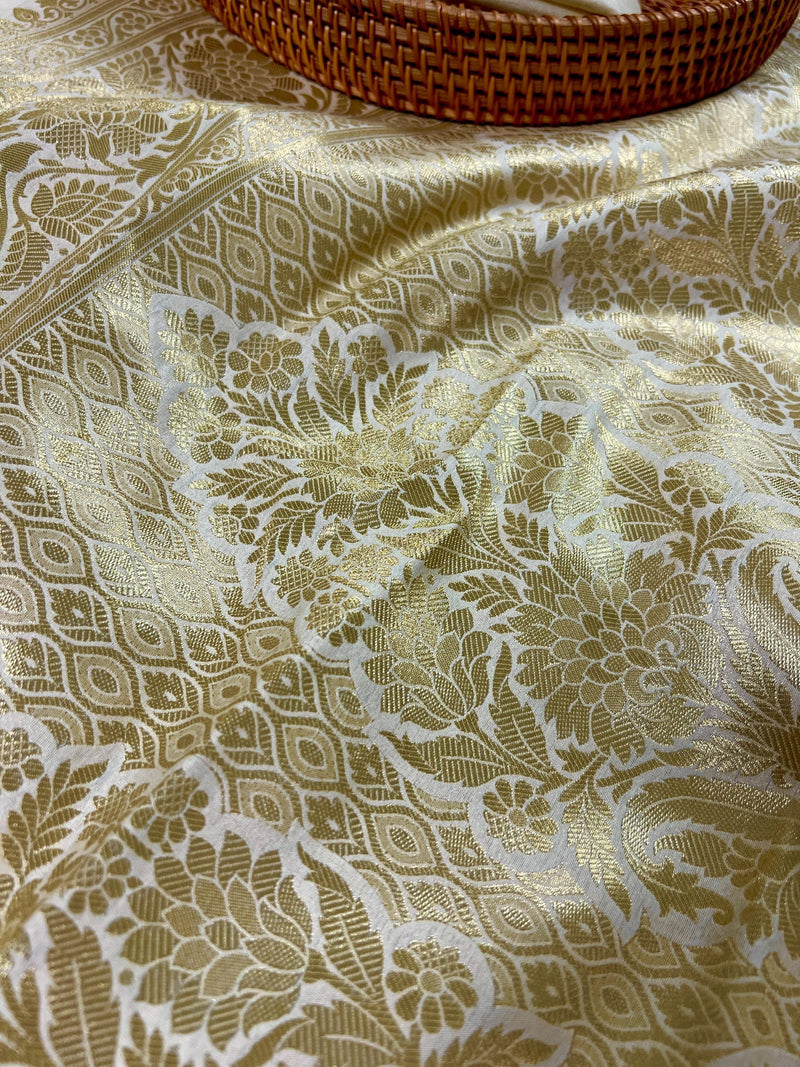Cream Color Banarasi Saree - Soft Handloom Banarasi Silk Saree - Muted Gold Zari Weave - Kaash