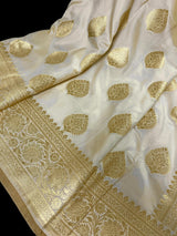 Cream Color Banarasi Saree - Soft Handloom Banarasi Silk Saree - Muted Gold Zari Weave - Kaash