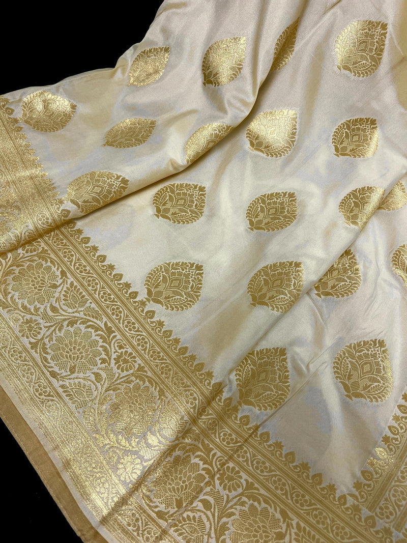 Cream Color Banarasi Saree - Soft Handloom Banarasi Silk Saree - Muted Gold Zari Weave - Kaash
