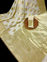 Cream Color Banarasi Saree - Soft Handloom Banarasi Silk Saree - Muted Gold Zari Weave - Kaash