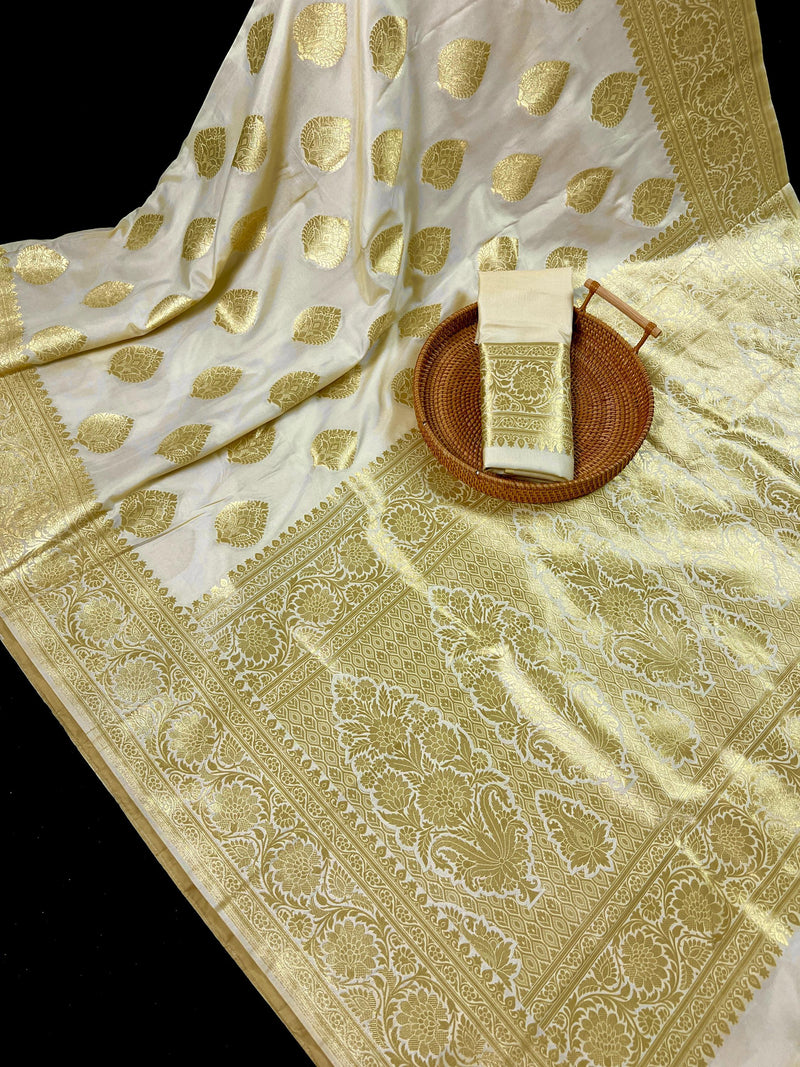 Cream Color Banarasi Saree - Soft Handloom Banarasi Silk Saree - Muted Gold Zari Weave - Kaash
