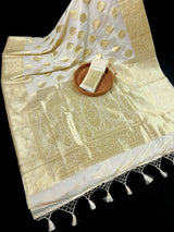 Cream Color Banarasi Saree - Soft Handloom Banarasi Silk Saree - Muted Gold Zari Weave - Kaash