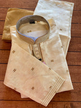 Cream (Size 38) men's kurta pajama in soft silk with self-design with embroidery on neckline — Kaash Collection
