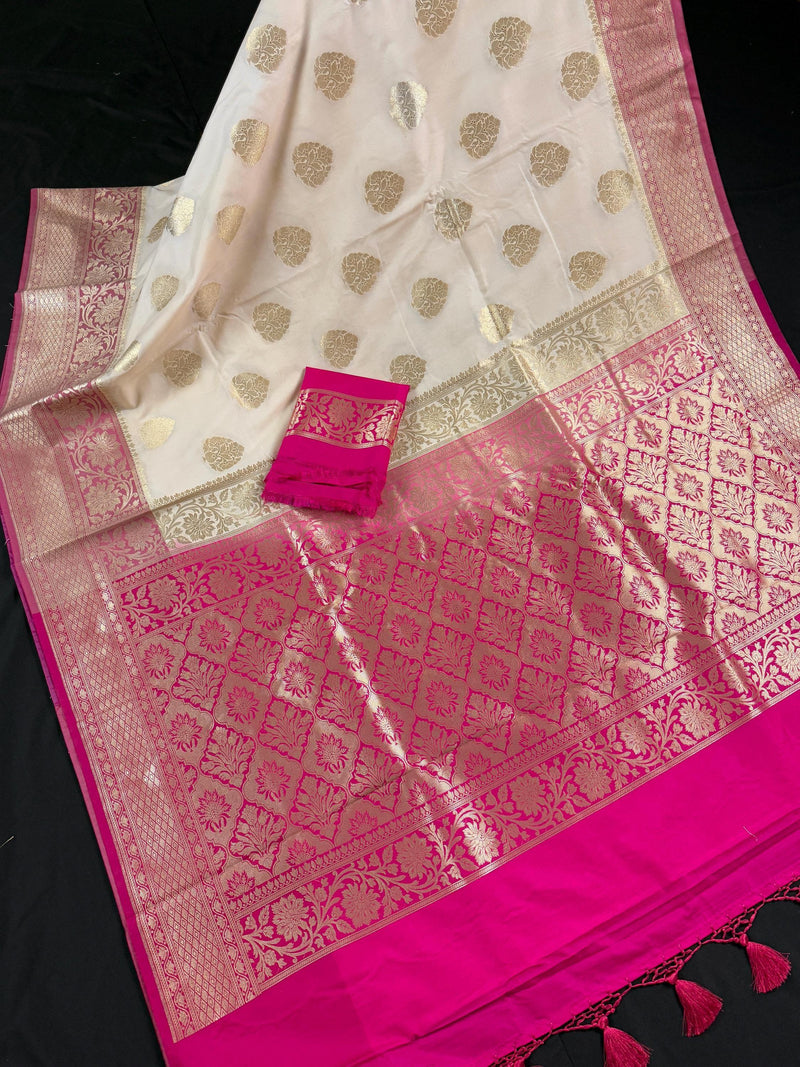 Cream Color Saree in Soft Handloom Banarasi Silk Saree - Muted Gold Zari Weave - Butta Saree - Kaash