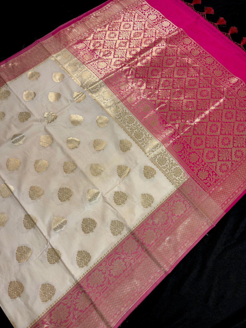 Cream Color Saree in Soft Handloom Banarasi Silk Saree - Muted Gold Zari Weave - Butta Saree - Kaash