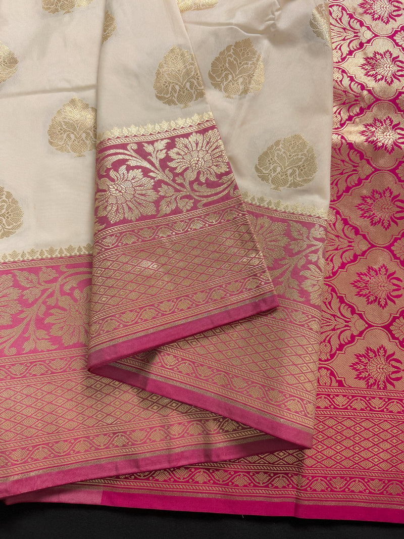 Cream Color Saree in Soft Handloom Banarasi Silk Saree - Muted Gold Zari Weave - Butta Saree - Kaash