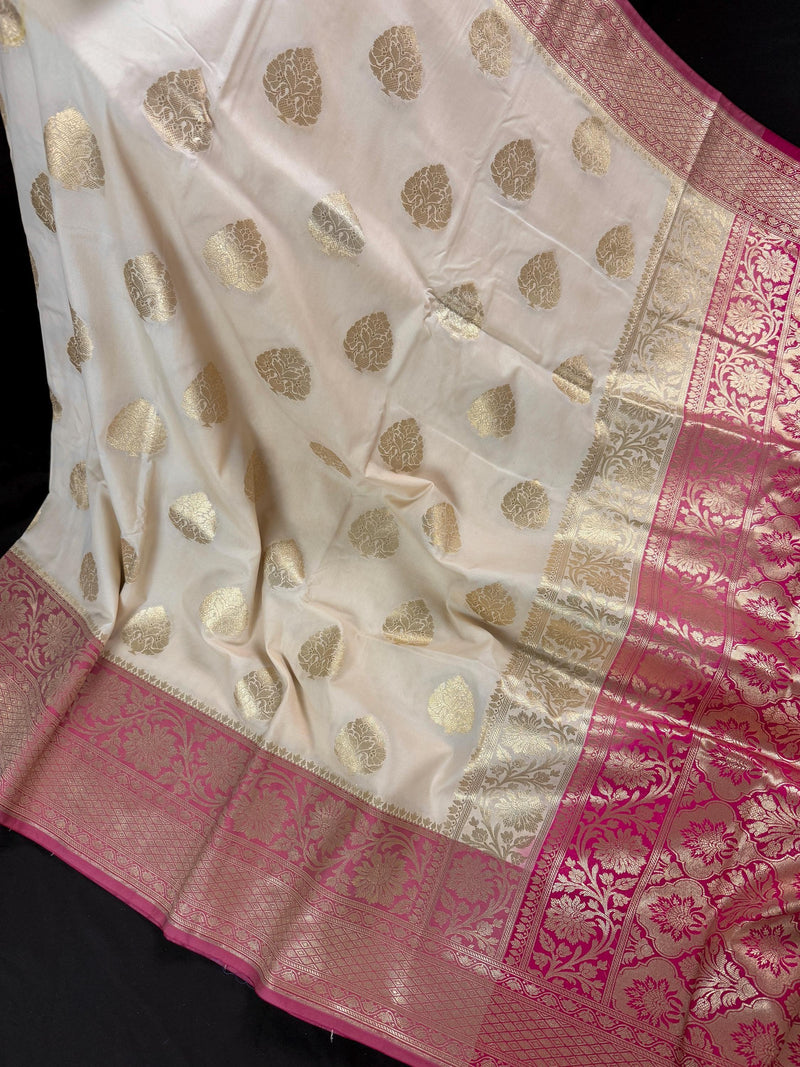 Cream Color Saree in Soft Handloom Banarasi Silk Saree - Muted Gold Zari Weave - Butta Saree - Kaash