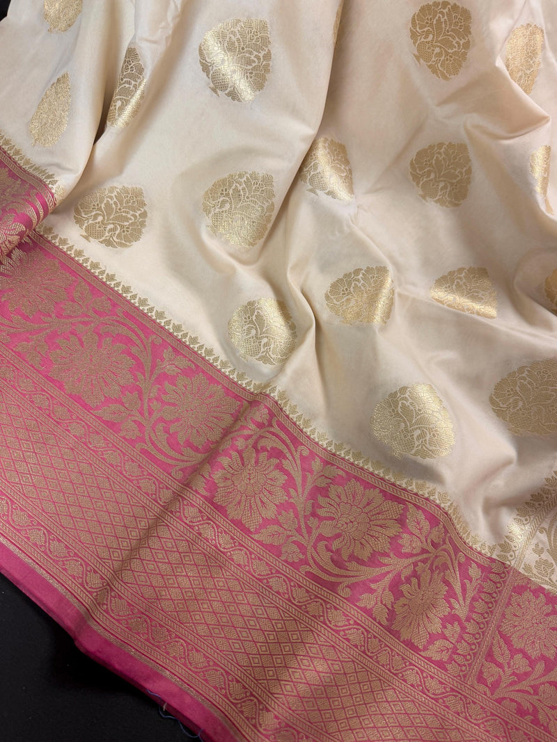 Cream Color Saree in Soft Handloom Banarasi Silk Saree - Muted Gold Zari Weave - Butta Saree - Kaash