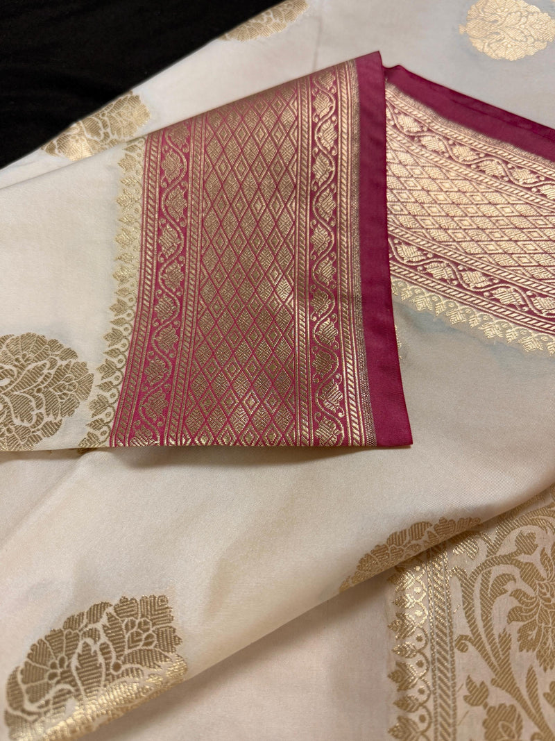 Cream Color Saree in Soft Handloom Banarasi Silk Saree - Muted Gold Zari Weave - Butta Saree - Kaash