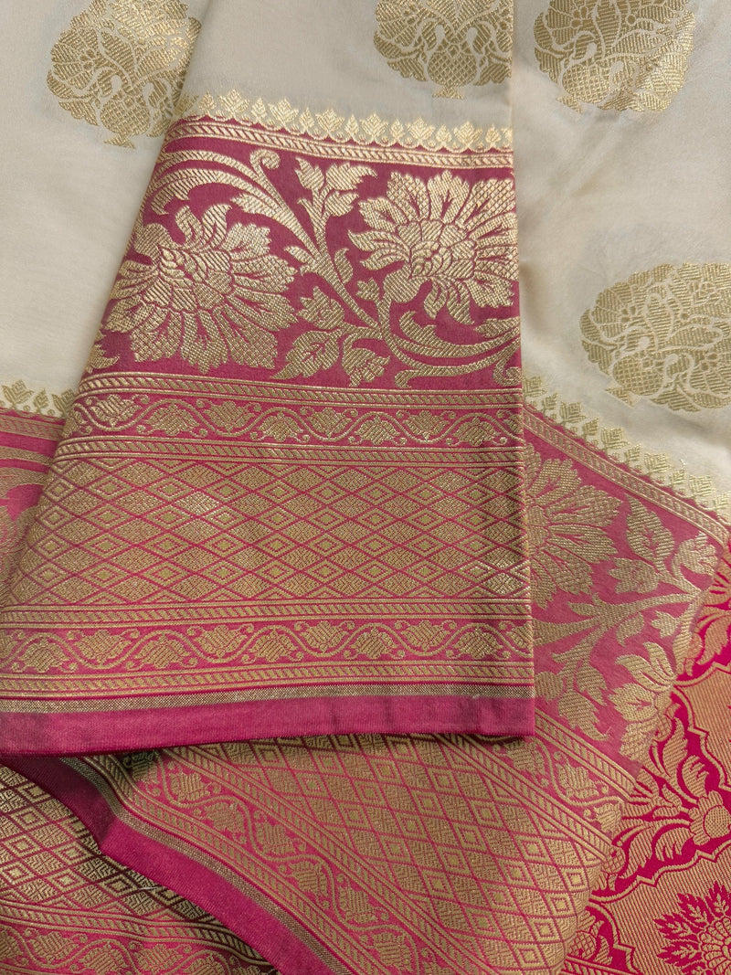 Cream Color Saree in Soft Handloom Banarasi Silk Saree - Muted Gold Zari Weave - Butta Saree - Kaash