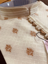 Cream men's kurta pajama in soft raw silk with self-design with antique zari buttis — Kaash Collection