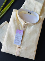Cream (Size 38) men's kurta pajama in soft silk (non-pure) with self-design with small zari floral buttis — Kaash Collection