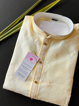 Cream (Size 38) men's kurta pajama in soft silk (non-pure) with self-design with small zari floral buttis — Kaash Collection