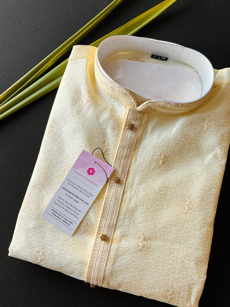 Cream (Size 38) men's kurta pajama in soft silk (non-pure) with self-design with small zari floral buttis — Kaash Collection