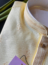 Cream (Size 38) men's kurta pajama in soft silk (non-pure) with self-design with small zari floral buttis — Kaash Collection