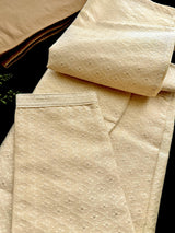 Cream Color Soft Silk Self Embeeriodery Men Kurta Pajama with Self Design material with small Zari Weave butti - Kaash