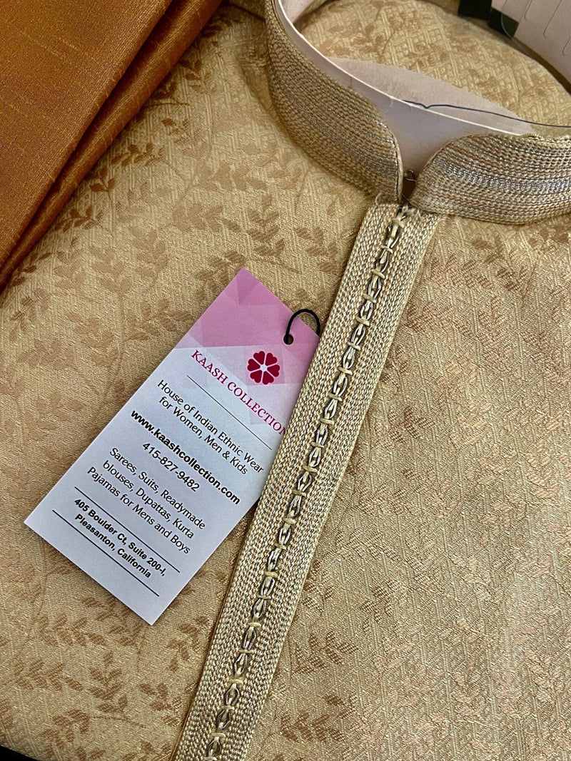 Cream Gold (Size 38) men's kurta pajama in jacquard silk with floral jaal in gold zari — Kaash Collection