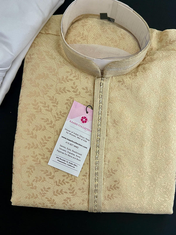 Cream Gold Color Men Kurta Pajama with Floral Jaal in Gold | Mens Ethnic Wear | Indian Pakistani Men Wear | Sherwani Style Kurta with Lining - Kaash