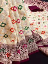 Cream Gold with Wine pure khaddi georgette banarasi silk saree with meenakari floral weave — Kaash Collection