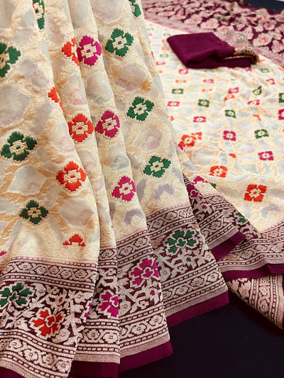Cream Gold with Wine pure khaddi georgette banarasi silk saree with meenakari floral weave — Kaash Collection