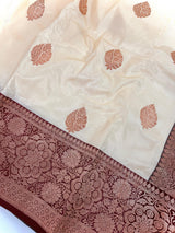 Silk Mark Certified Cream with Maroon Border saree in pure katan silk with maroon border with gold zari — Kaash Collection