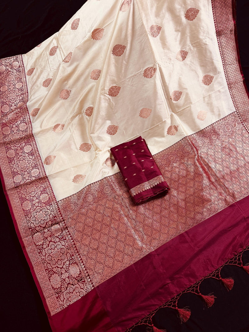Silk Mark Certified Cream with Maroon Border saree in pure katan silk with maroon border with gold zari — Kaash Collection
