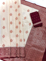 Silk Mark Certified Cream with Maroon Border saree in pure katan silk with maroon border with gold zari — Kaash Collection