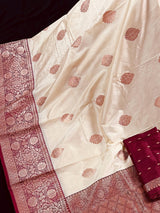 Silk Mark Certified Cream with Maroon Border saree in pure katan silk with maroon border with gold zari — Kaash Collection