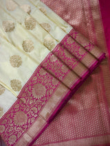 Cream Off White with Hot Pink Border Banarasi saree in banarasi silk with wide satin patta border in hot pink & blue — Kaash Collection